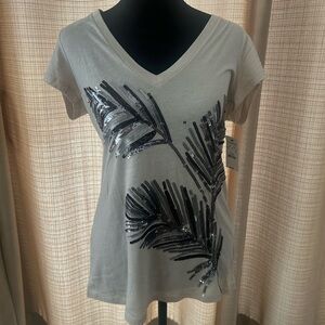 Express White Tee with Silver Sequin Palm Design